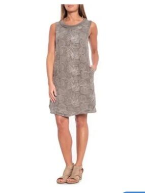 Lina Tomei 100% Linen Gray/Brown Patterned Dress | Small